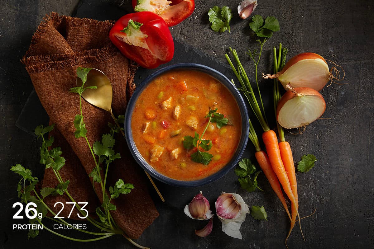 My Muscle Chef Chicken Thai Red Curry Soup in a bowl