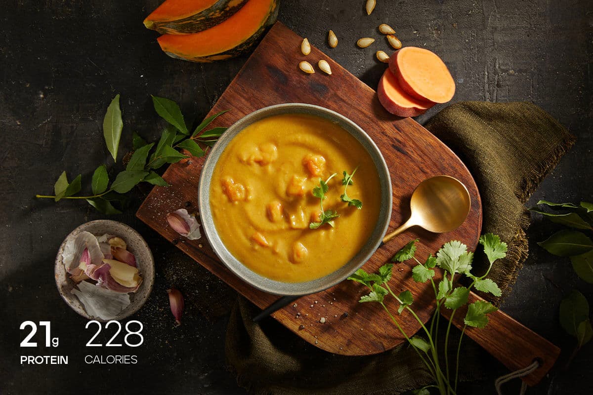 My Muscle Chef Spiced Pumpkin and Split Pea Soup in a bowl