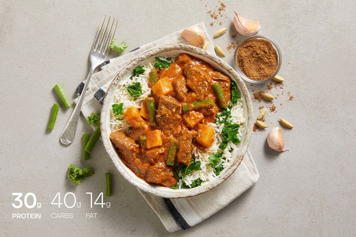 My Muscle Chef Beef Rogan Josh With Basmati Rice & Vegetables Plated