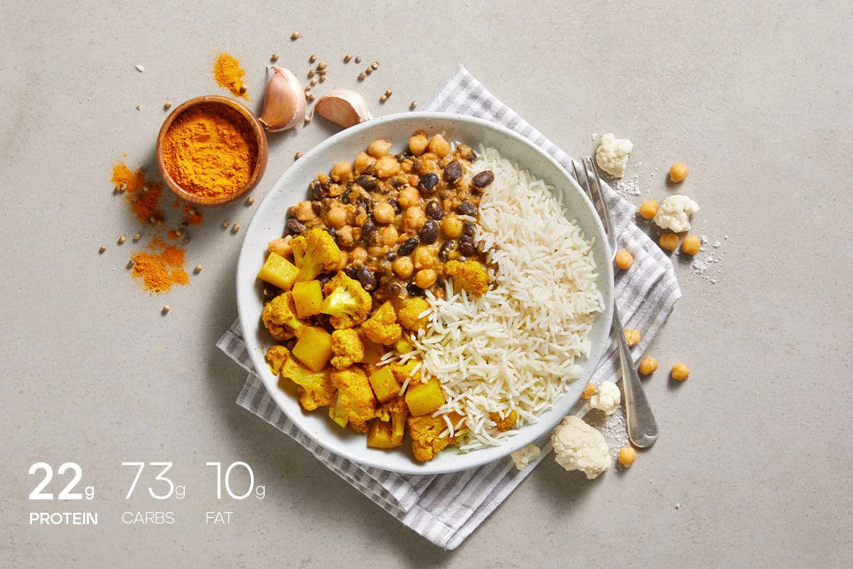 My Muscle Chef Lentil Dahl With Basmati Rice, Spiced Potato & Cauliflower Plated