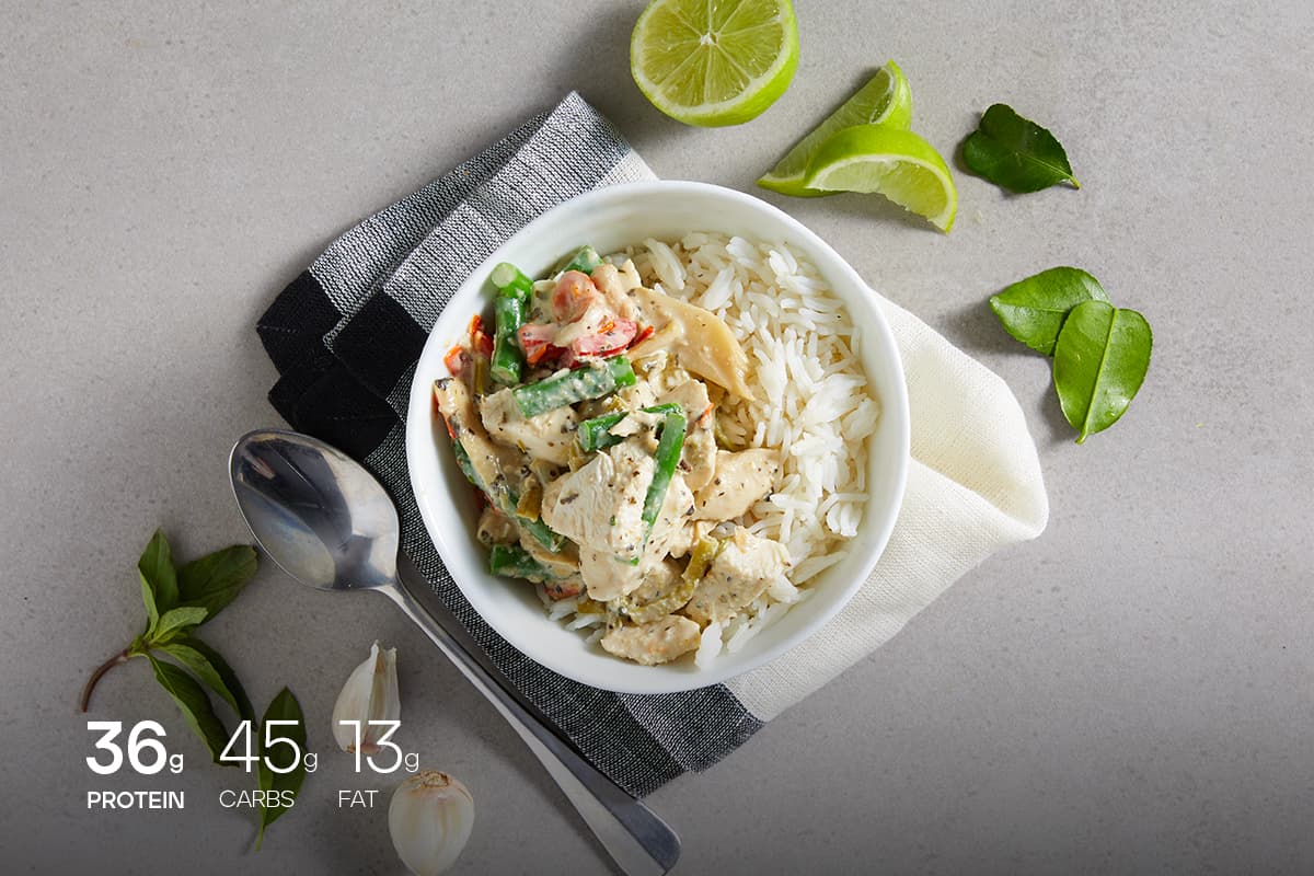 My Muscle Chef Thai Green Chicken Curry With Basmati Rice Plated