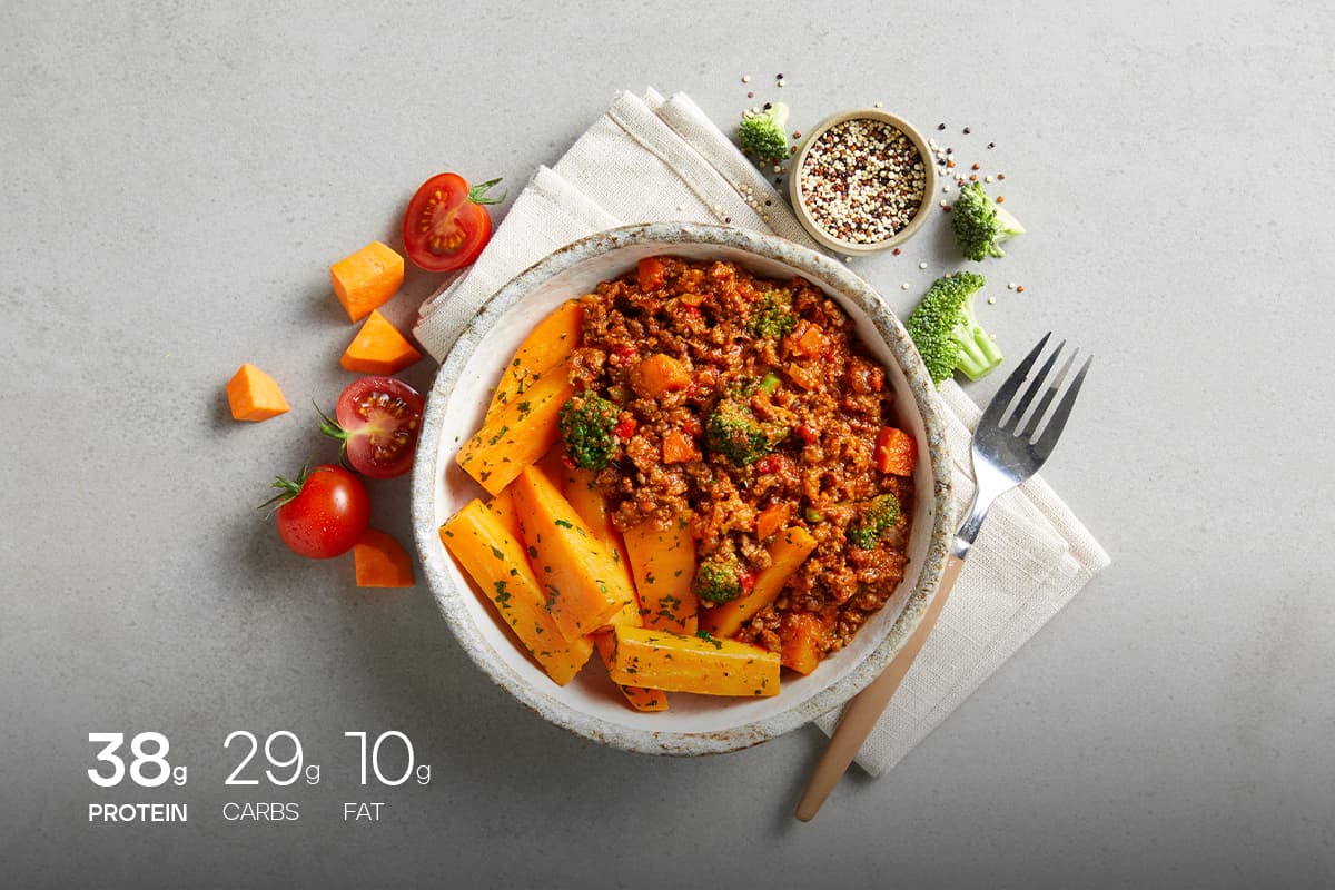 My Muscle Chef Cajun Beef With Sweet Potato Wedges plated