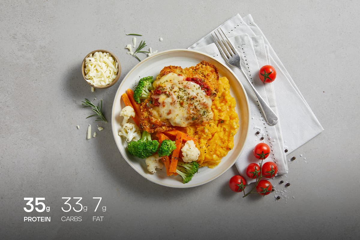 My Muscle Chef Chicken Parmigiana with Pumpkin Mash and Vegetables Plated