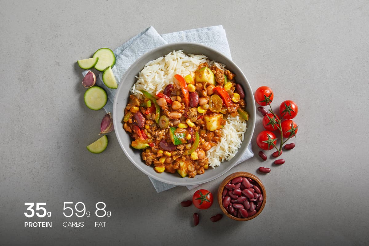My Muscle Chef Beef Chilli Con Carne with Basmati Rice Plated