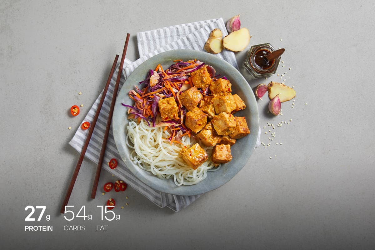 My Muscle Chef Asian Tofu Stir-Fry with Sweet Potato Noodles Plated